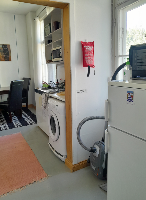 A kitchen with a washing machine, table and a fridge